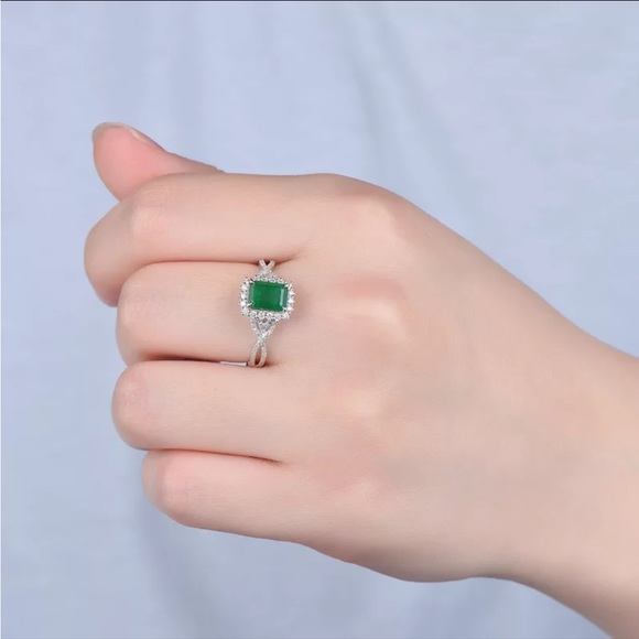 925 STERLING SILVER LUXURY BOHO SQUARE CUT EMERALD CUBIC ZIRCON RING - Picture 4 of 5